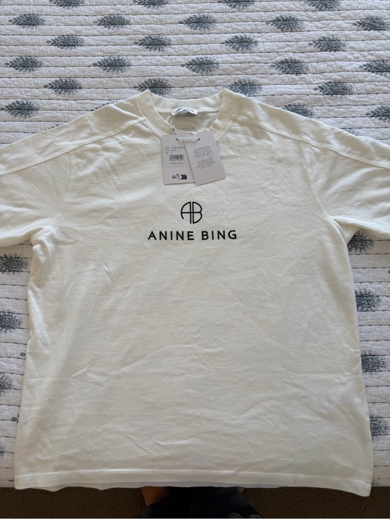 Anine Bing Tops - Anine Bing Cream Logo Crewneck Short Sleeve Tee